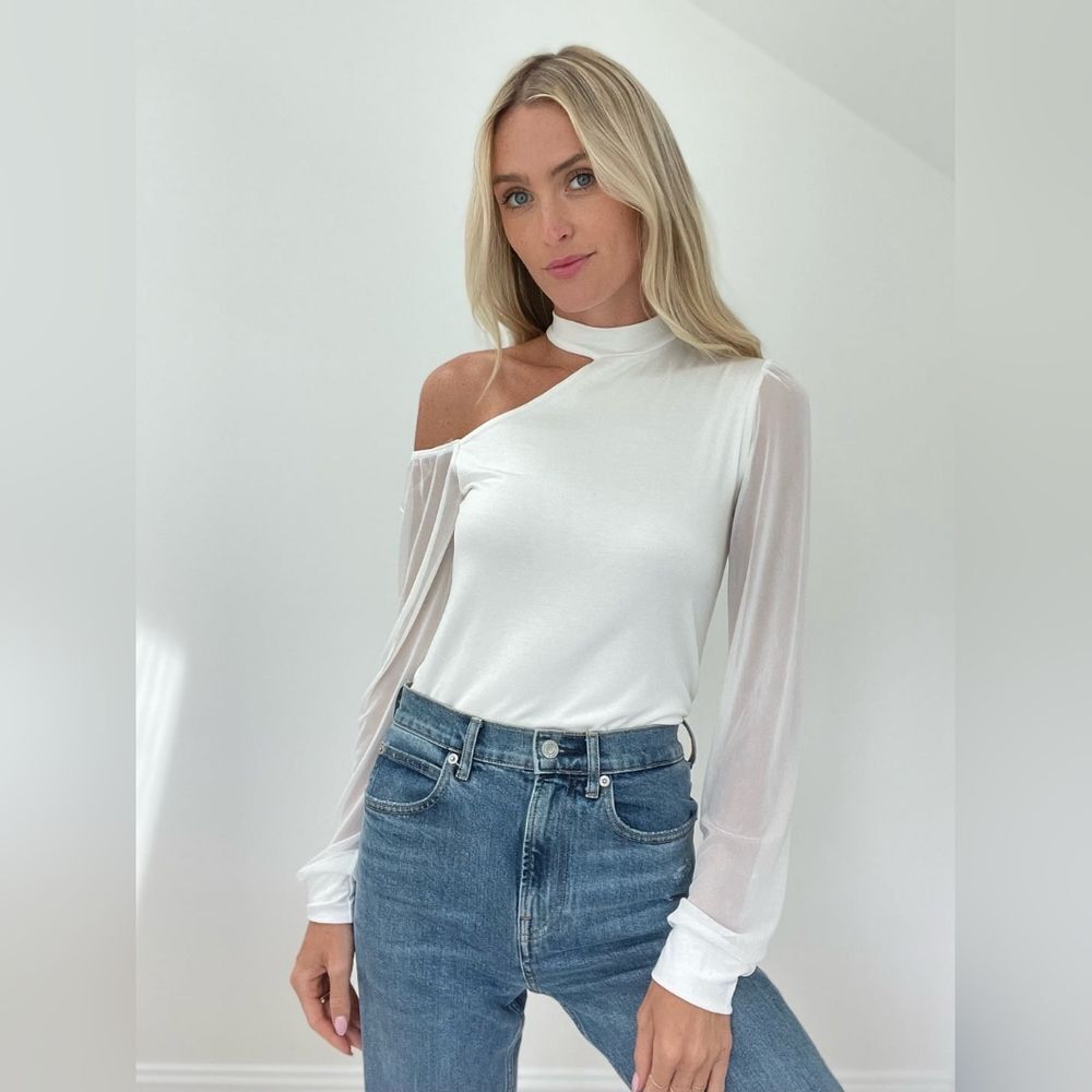 Women’s Small One Shoulder Fitted Top Sexy Sheer Chiffon Sleeve Blouse NWT - Picture 14 of 14